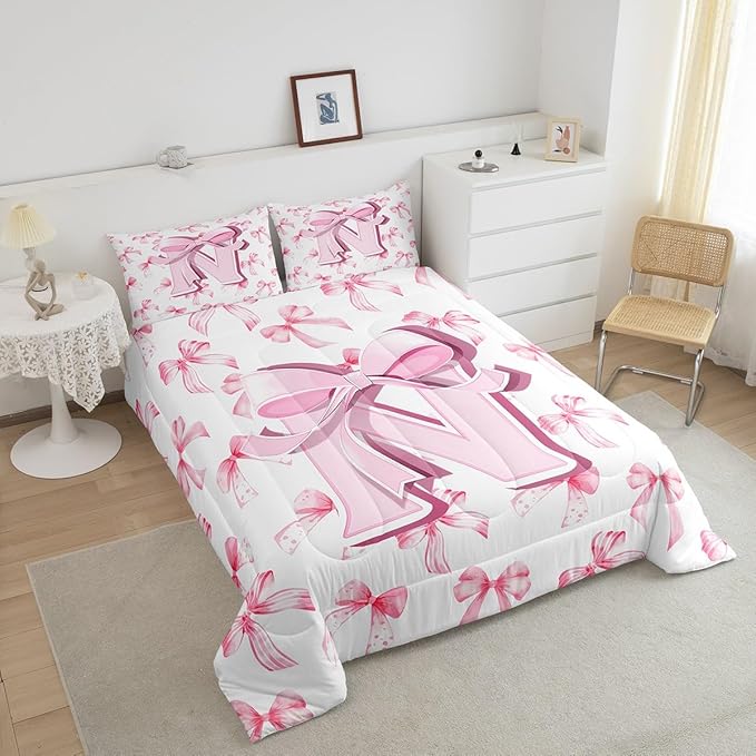 jejeloiu Kids Girls Cute Pink Bow Comforter Set Toddler Size Monogrammed Bedding Set Ultra Soft Personalized Initial N Duvet Quilt Coquette Bow Knot Quilt Set Room Decor Modern Fashion Comforter