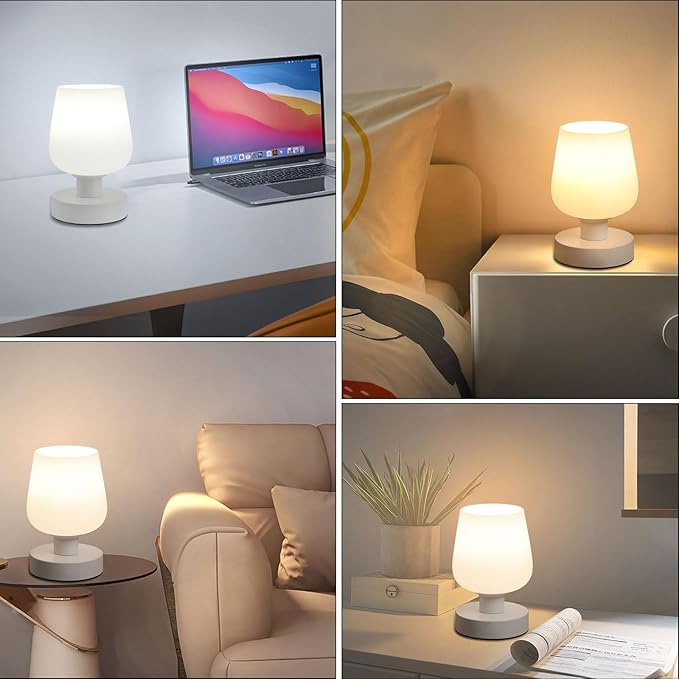 Touch Bedside Table Lamp Set of 2, Dimmable Small Table Lamp for Bedroom with White Opal Glass Lamp Shade and LED Bulb, Modern Nightstand Lamps, Desk Lamp with Plug for Living Room Bed