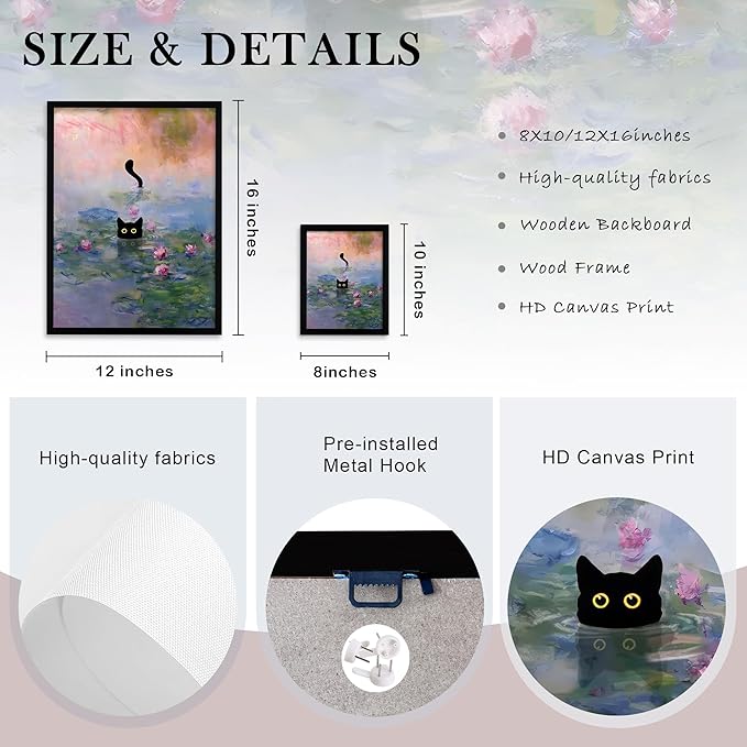 Krtoni Framed Funny Black Cat Canvas Wall Art, Black Cat in the Pink Water Lily Wall Decor, Vintage Preppy Aesthetic Animal Posters Prints for Living Room Bedroom Bathroom Decor 10''L x 8''W