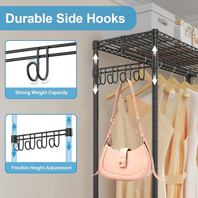 VIPEK R2 Heavy Duty Rolling Garment Rack 3 Tiers Adjustable Clothes Rack with Double Rods & Hooks, Freestanding Wardrobe Closet Storage Rack Metal Clothing Rack for Hanging Clothes, Black