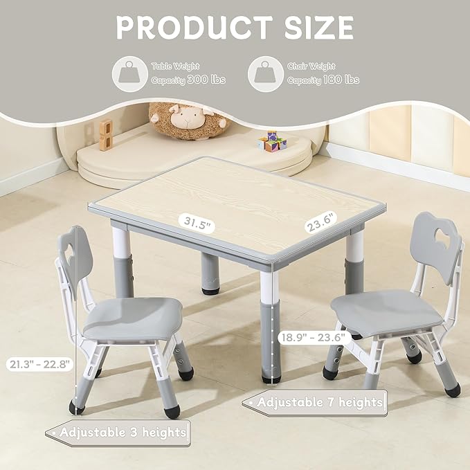 Kids Table and Chairs, Height-Adjustable Toddler Table and Chair Set with 31.5''Lx23.6''W Graffiti Desktop, Table Chair for Ages 3-8, Childrens Table and Chair Set for Daycare with 2 Chairs, Grey