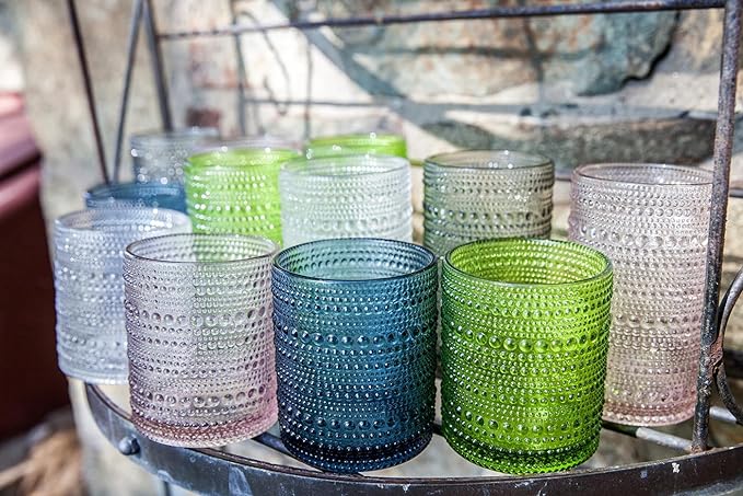 Fortessa Jupiter Beaded Hobnail Glass, 13 Ounce Iced Beverage (Set of 6), Sage Green