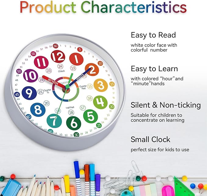Learning Clock for Kids 12 Inch Learning to Tell Time Easily Colorful Teaching Time Clock Silent Non Ticking Battery Operated Decorative for Classroom School Kids Room Bedroom