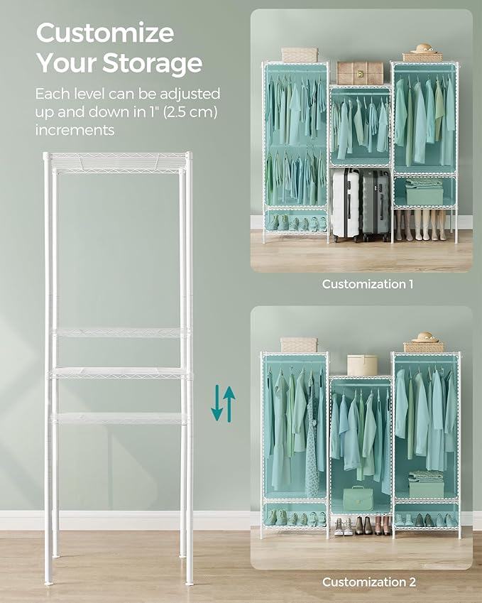 SONGMICS Portable Wardrobe Closet Heavy Duty Clothes Rack, Freestanding Closet Organizer, Metal Garment Rack with Adjustable Wire Shelves, Hanging Rods, Hooks, Dividable, Cloud White ULGR431W01