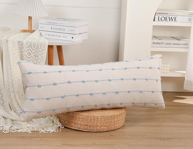 Long Lumbar Throw Pillow Cover 16x36,Stripe Pattern Cotton Blue Boho Extra Long Decorative Pillow Cover Pillow Case Cushion Cover for Bed Sofa Couch Farmhouse,Skinny Modern Accent
