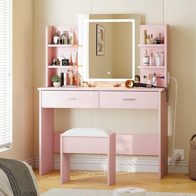 Garvee Vanity Desk with Lights | Tri-Mode LED Lighted Mirror & Charging Station | Makeup Vanity Set with 6 Shelves, 2 Drawers, Soft Cushion Stool | Dimmable Vanity Desk for Bedroom (Pink)