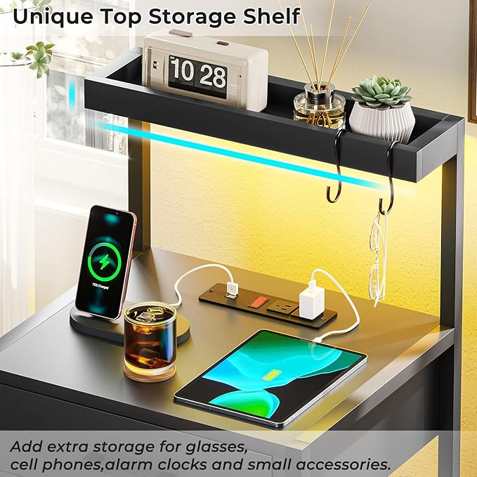AOGLLATI Nightstand Set of 2 with Charging Station and LED Lights, Bedside Table with 3 Drawers and Open Storage Shelves, 2 USB Ports and 2 AC Outlets, LED Night Stand for Bedroom, 2 Pack, Black