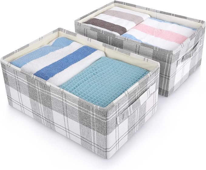 ANMINY 2PCS Storage Baskets Closet Storage Organizer Bins with Handles, Foldable Large Fabric Storage Bins for Shelves, Rectangular Baskets Laundry Clothes Blanket Cubes - Light Gray, Large