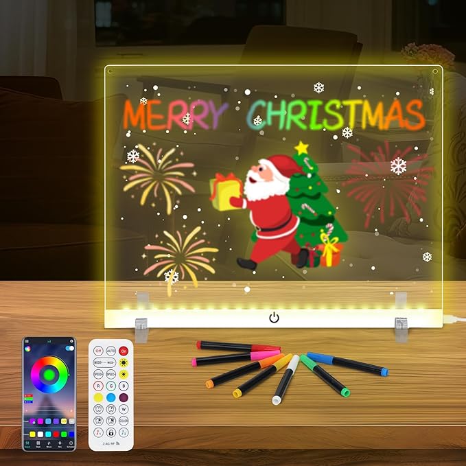 Doodle Glow, LED Note Board with Colors, 14.1"x10.9" Wooshneesham Acrylic Dry Erase Board, 16M-Color LED Light-Up Memo w/Music Sync, APP & Remote, Stand & 7 Markers, Battery Case, Neon Glow (White)
