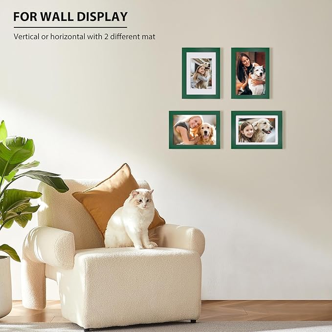 KINLINK 5x7 Picture Frames Green Wood Frames with Acrylic Plexiglass for 3.5x5/4x6 with Mat or 5x7 without Mat, Tabletop and Wall Mounting Display, Set of 4