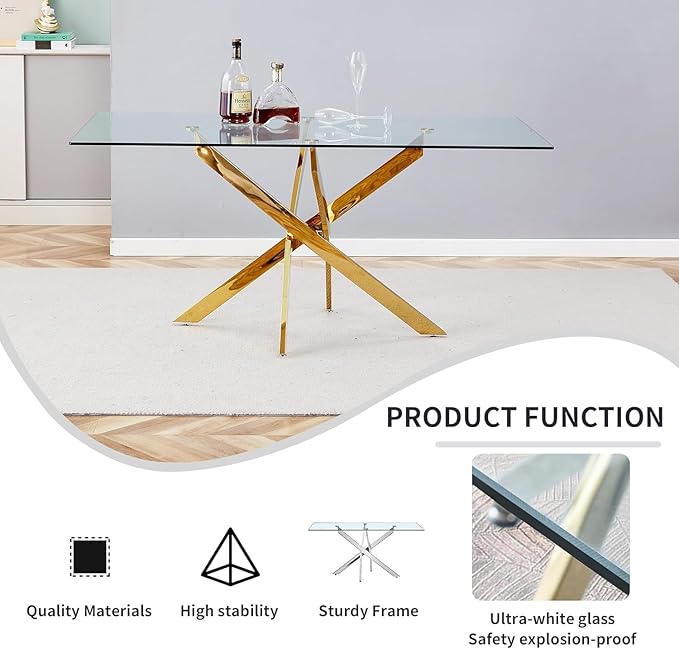 Goujxcy 51" Glass Dining Table Set for 6, Modern Kitchen Table and Chairs Set w/Steel Legs, 7-Piece Dining Table Set w/Glass Gold Dining Table and 6 Grey Velvet Chairs for Kitchen Dining Room