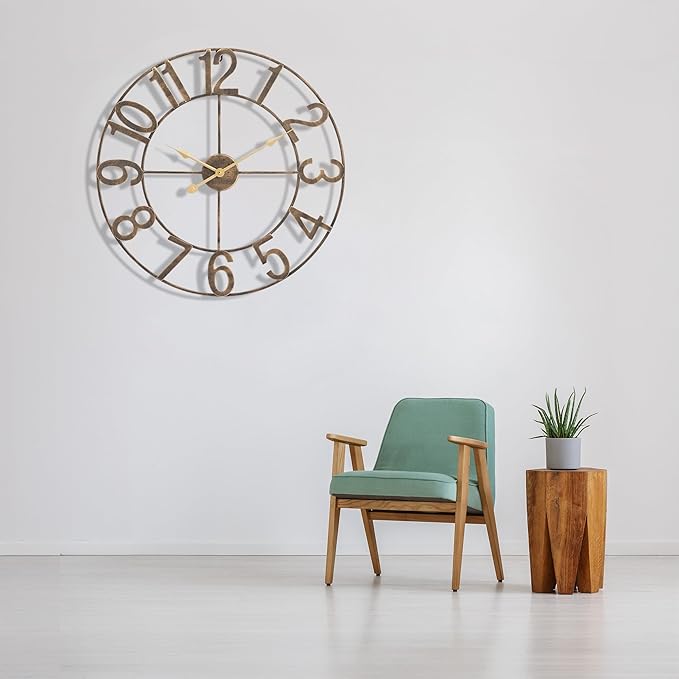 Sorbus 32-Inch Large Wall Clock – Decorative Brown Metal Clock with Gold Hands – Silent, Battery Operated, Modern Wall Decor for Living Room, Kitchen, or Office - Great Gift for Housewarming or Office