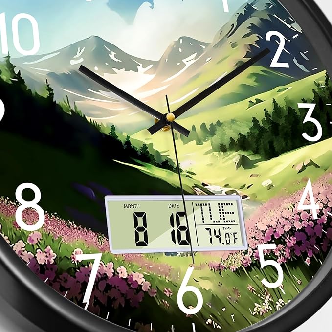Digital Large Display Silent Wall Clock with Temperature Date Mountain Flowers Modern Non-ticking Battery Operated Mount Clocks Bathroom Kitchen Clock Farmhouse Living Room Office Decor 12 Inch