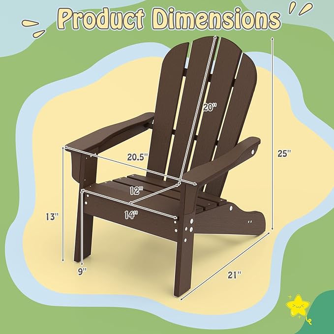 Giantex HDPE Kids Adirondack Chair - All-Weather Lawn Toddler Chair with Ergonomic Design, Children’s Outdoor Chair for Toddlers Ages 3-8, Kid’s Patio Furniture for Deck, Garden (1, Brown)