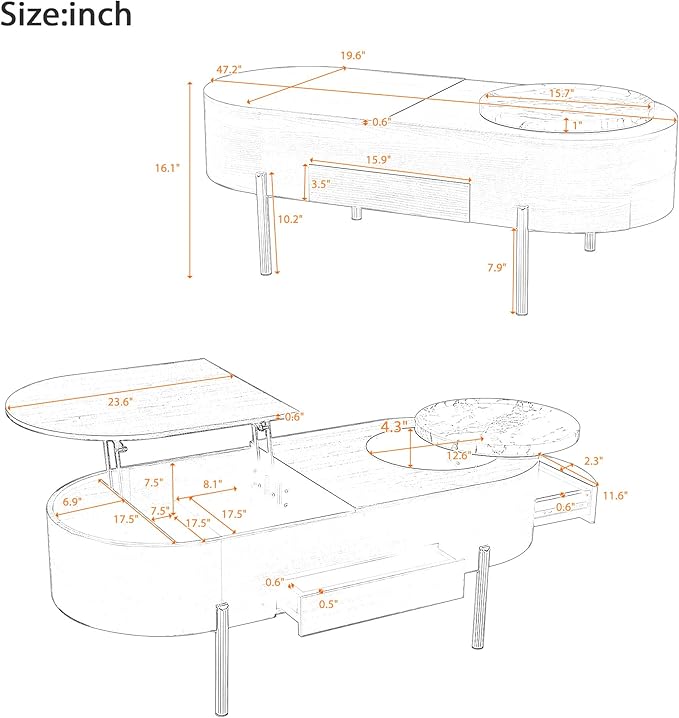 WILLIAMSPACE 47.2" Oval Lift Top Coffee Table with 360-degree Marble-Patterned Rotating Tray, Modern Wooden Center Table Side End Table Lift Tabletop with Hidden Compartment for Living Room, Brown