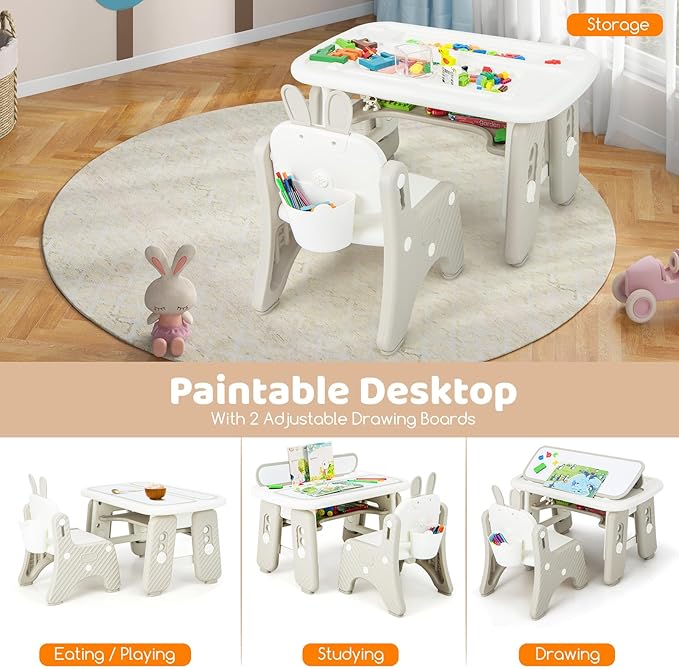Costzon Kids Table and Chair Set, Graffiti Activity Table w/Flip-Top Tabletop Bookshelf, Erasable Magnetic Drawing Board, Storage, Adjustable Height for Drawing, Toddlers Art Table & Chair (Gray)