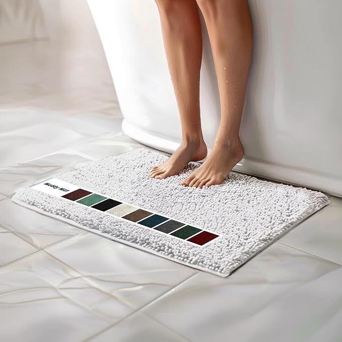 Muddy Mat Chenille Bathroom Rugs Quick Dry Microfiber Mats Non Slip Washable, Extra Thick, Soft and Highly Absorbent Bath Mats for Bathroom, Kitchen, and Shower Floor - White Small 28"X18"