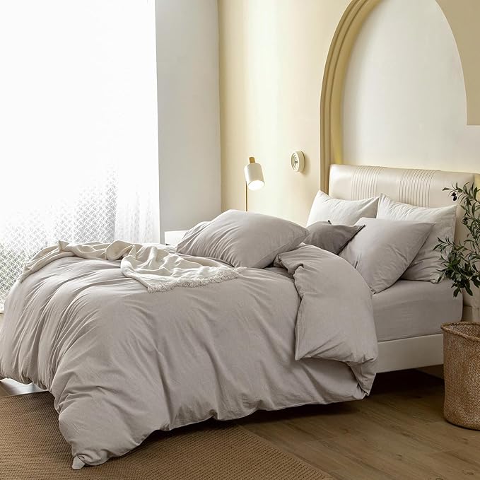 JIYUAN 100% Washed Cotton Duvet Cover Set 3 Pieces Full, 1 Duvet Cover 80x90 Inches(Comforter Not Included) and 2 Pillowcases,Linen Feel Bedding Set Comfy and Breathable, Heathered Cream Grey