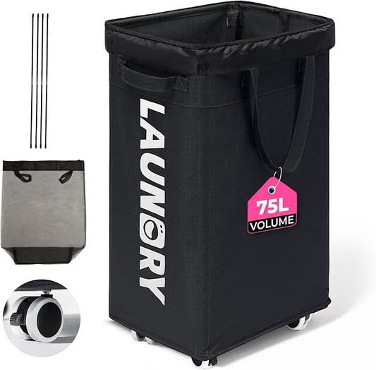 75L Rolling Laundry Basket with Wheels – Large Black Clothes Hamper with Removable Washable Mesh Bag, 600D Oxford Fabric,Lockable Wheels & Standing Rods for Upright Stability in Bedroom & Laundry Room