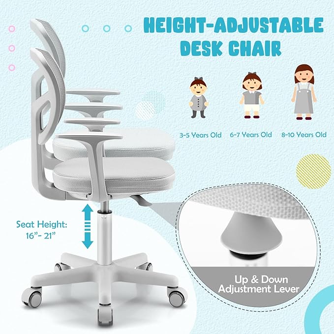 HONEY JOY Kids Desk Chair, Height Adjustable Children Study Chair, Swivel Mesh Task Student Chair, Universal Casters, Child Computer Desk Chair for Boys Girls Age 3-10 (Gray)