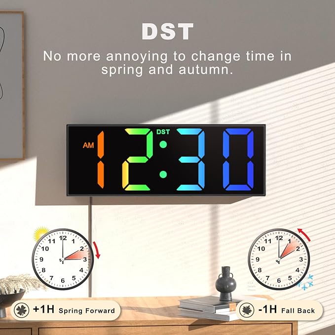 JALL 12'' Large Digital Wall Clock, Big LED Number Dispaly, RGB Colors, DST, Night Light for Classroom Living Room Bedroom Mounted Birthday Xmas Gift for Senior, Mem Womem (Black, 12 inches)