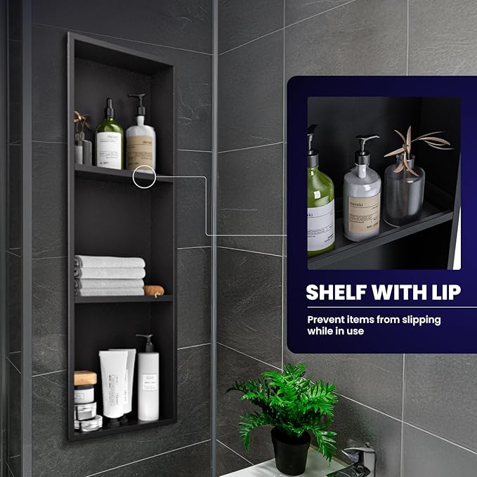 Stainless Steel Shower Niche 12" X 36"，3-Tier Recessed Wall Niche No Tile Needed Shower Shelf for Bathroom Storage (4x12x36 Black)