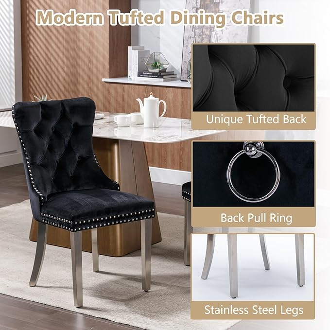 Goujxcy 5 Piece Round Glass Dining Table Set for 4, 36" Round Dining Table & Chair Set Modern Circle Glass Kitchen Table and 4 Velvet Upholstered Chairs for Kitchen Dining (Silver Table & Black Chair)