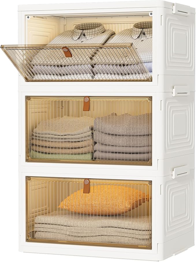 Closet Organizers and Storage 93Qt 3 Pack Closet Organizer Boxes for Clothes Stackable Storage Bins Foldable Storage Box for Clothes/Office Supplies/Snacks(31Qt X 3)