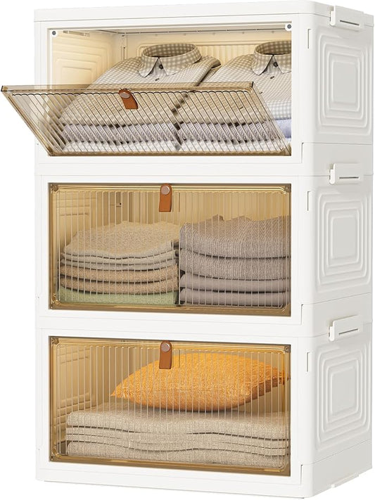 Closet Organizers and Storage 93Qt 3 Pack Closet Organizer Boxes for Clothes Stackable Storage Bins Foldable Storage Box for Clothes/Office Supplies/Snacks(31Qt X 3)