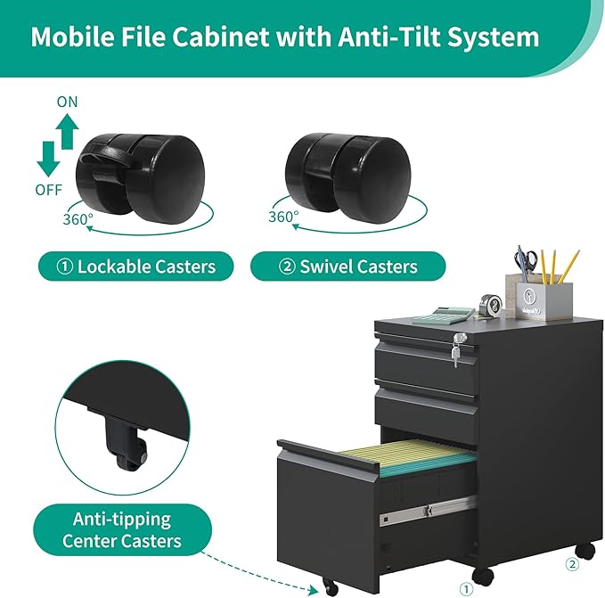 File Cabinet, Vertical File Cabinets with Lock for Home Office,Heavy Duty Office Steel Filing Cabinet for Hanging Letters/Legal/A4 (Black, 3 Drawers-Wheel)