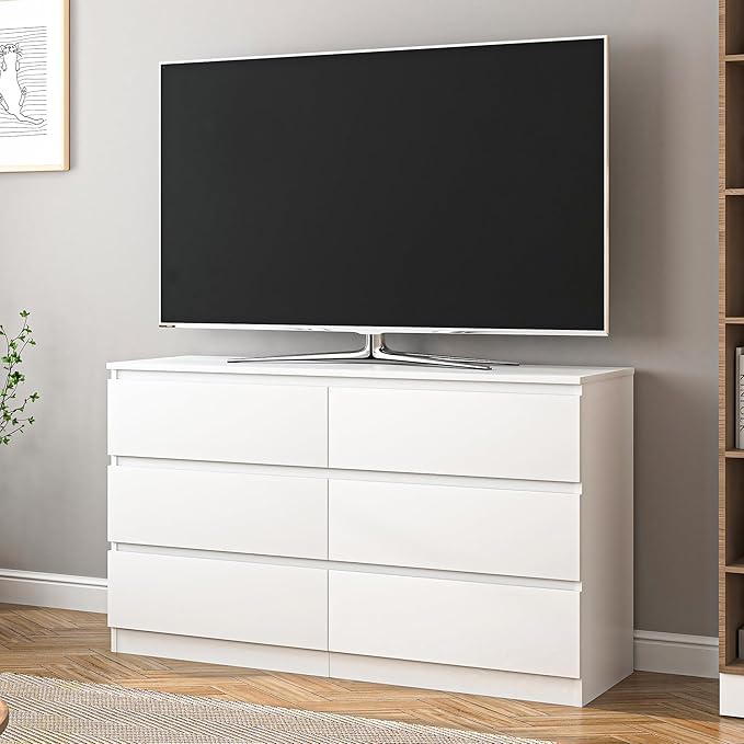 White Dresser for Bedroom,55'' Modern Large 6 Drawer Dresser with Deep Drawer,Storage Wide Chest of Drawer,Wood Bedroom Storage Furniture with No Handle Design