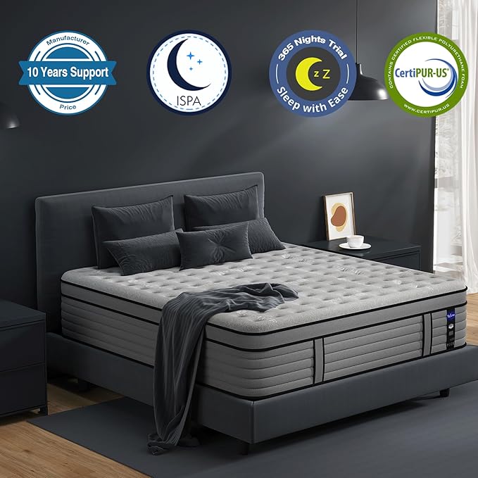 DIFAME Queen Size Mattress, 16 Inch Firm Hybrid Queen Mattress in a Box with Gel Memory Foam, Pressure & Back Pain Relief, Individually Pocket Spring, Edge Support, 100-Night Trial, CertiPUR-US