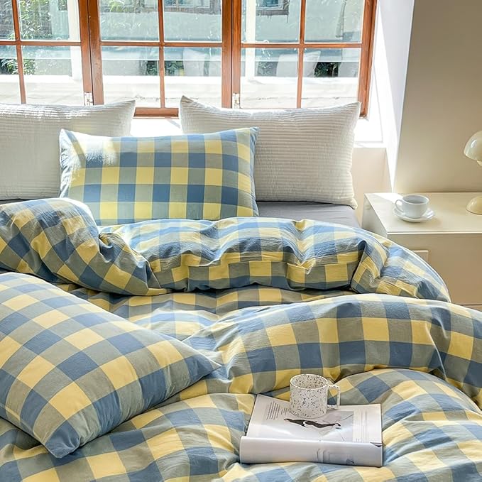 FACE TWO FACE Bedding Duvet Cover Set100% Washed Cotton Duvet Cover Linen Like Textured Breathable Durable Soft Comfy (Full, Blue Yellow Grid)