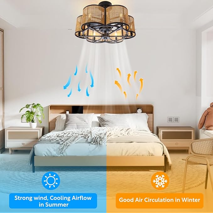 Ceiling Fans with 6-Bulb Lights and Remote, Flower Shaped Ceiling Light with 6 Adjustable Speed and for Bedroom, Kitchen and Living Room, Rattan Shade