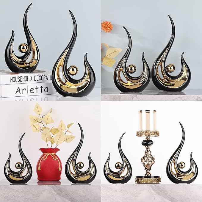 Black and Gold Home Decor, Abstract Ceramic Statue 2 Piece Set for Living Room Coffee Table Decor, Home Office, Room Decor, Table Decor