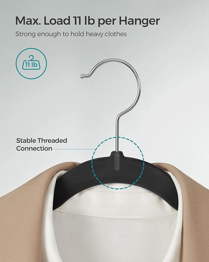 SONGMICS Velvet Hangers 60 Pack, Non-Slip Clothes Hangers, Suit Hangers with Shoulder Notches, Pants Bar, 360° Swivel Hook, Space-Saving, for Closet, Ink Black UCRF030B01