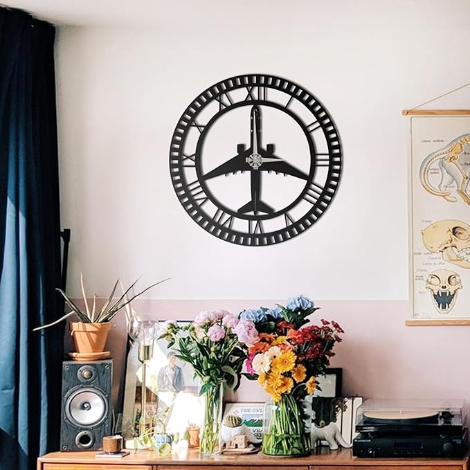 Metal Wall Clock | Airplane Silhouette Design | Roman Numerals | Silent Non-Ticking | Aviation Decor for Pilot, Traveler, Home, Office & Kids Room (29.5"x29.5")