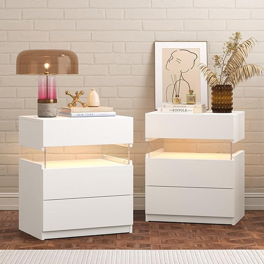 Bingoday White Nightstands Set of 2 LED Nightstand White with Gun Drawers Set of 2 Bedside Tables White LED Lights for Bedroom White