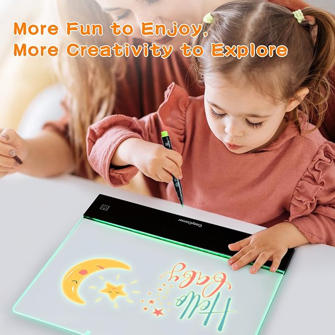 LED Drawing Board for Kids - Doodle Glow Note Board with Colors | Rechargeable Acrylic Dry Erase Board with Light & Touch Switch | 5H Battery, Glow Writing Pad for Toddlers & Artists