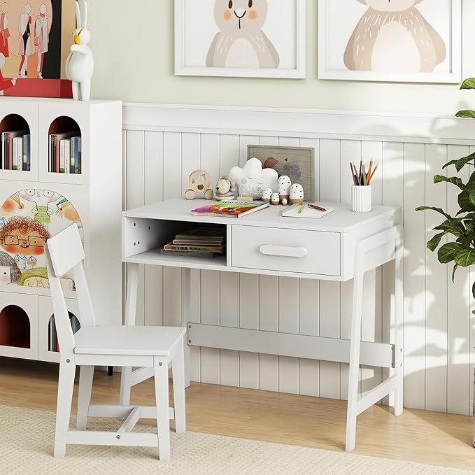 HONEY JOY Kids Desk and Chair Set, Wooden Children School Study Table and Chair w/Storage Drawer & Hutch, Student Writing Desk Computer Workstation for Bedroom, Gift for 3+ Years Old (White)