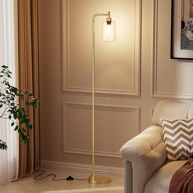 Floor Lamps for Living Room - Industrial Standing Lamp with Glass Shade, Modern Gold Floor Lamp with LED Bulbs, Farmhouse Floor Lamp for Bedroom, Tall Lamp for Office - Gold