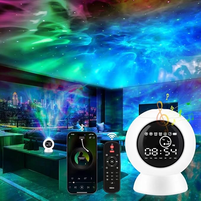 LitEnergy Alarm Clock Star Projector for Kids Bedroom, Bluetooth Speaker and White Noise Galaxy Lamp, Starry Night Light with Timer and Remote Control for Room Decor, Home Theater, Ceiling
