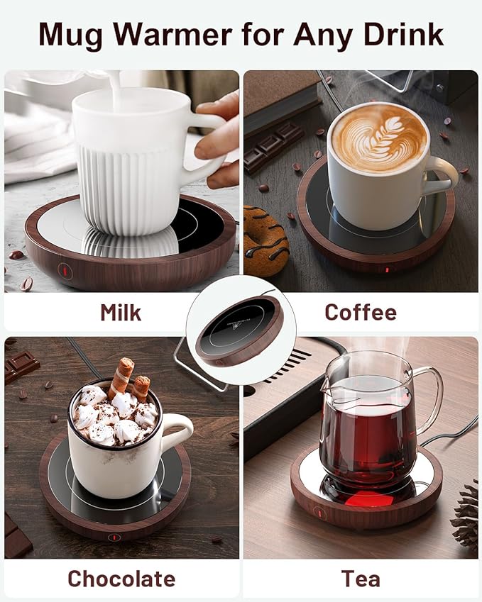 SWEETFULL Coffee Mug Warmer, 36W Electric Cup Warmer for Desk with 3-Temp Settings Advanced Temperature-Controlled Heating Coffee Gifts Accessories for Women Men Milk, Tea, Candle - Wood