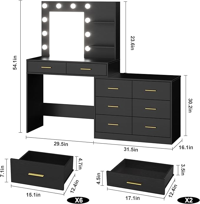 GarveeHome 61 in Make up Vanity Desk with Mirror and Lights, Black Vanity with 8 Wide Storage Drawers & 2 Tier Shelves, 3 Lighting Modes with Adjustable Brightness for Bedroom