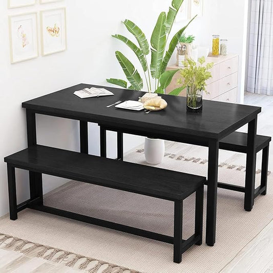 Recaceik Dining Table Set for 4 Kitchen Dining Room Set with 2 Dinner Benches, Farmhouse Breakfast Table for Apartment Small Space, Easy Assembly