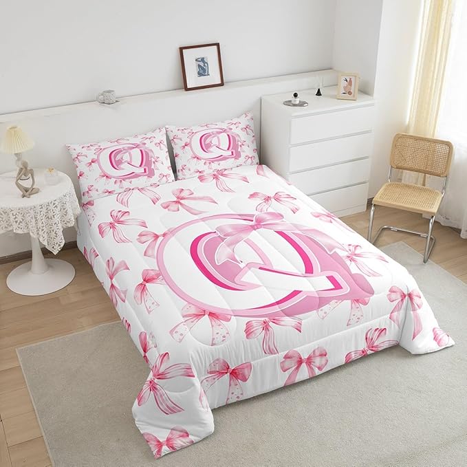 jejeloiu Kids Girls Cute Pink Bow Comforter Set Toddler Size Monogrammed Bedding Set Ultra Soft Personalized Initial Duvet Quilt Coquette Bow Knot Quilt Set Room Decor Modern Fashion Comforter