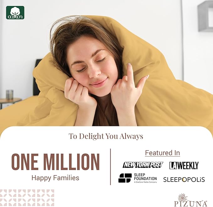 Pizuna Pure 100% Cotton Queen Duvet Cover Set, Luxurious 400 Thread Count Long Staple Cotton Sateen Weave with Button Closure (Combed Golden Yellow Cotton Duvet Cover Queen)