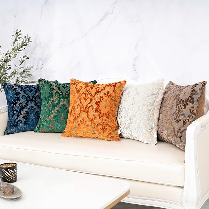Alerfa Boho Blue Floral Throw Pillow Cover 18x18 Inch Cut Velvet Sqaure Luxury Embroidered Decorative Pillow Cover for Couch Living Room Bedroom