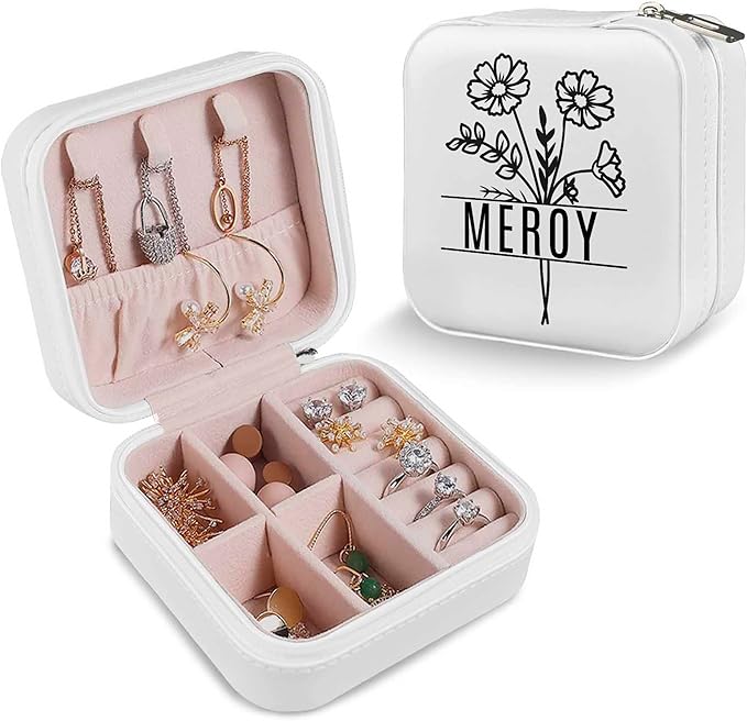 Custom Travel Jewelry Organizer, Personalized Jewelry Box with Birth Flower and Name, Gifts for Birthday, Wedding, Anniversary, Personalized Gifts for Women, Girls, Mother, Wife, Bridesmaid
