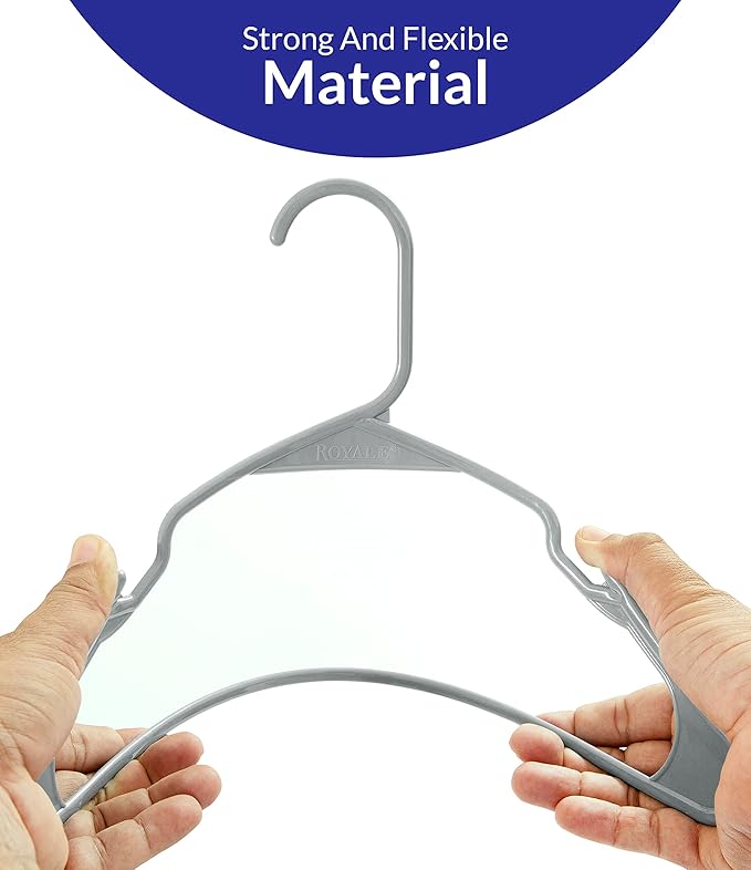 Royale Linens 20 Pack Grey Plastic Hangers for Clothes - Heavy Duty Clothes Hanger for Everyday Use - Lightweight & Space Saving Notched Plastic Hangers